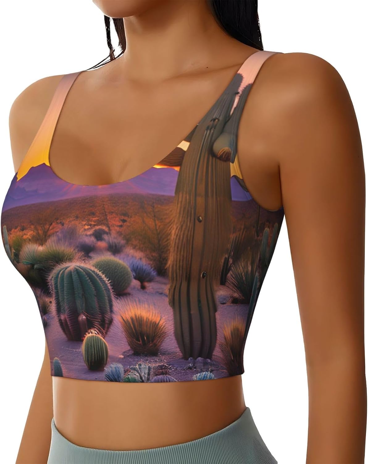 Cactus Desert Sunsets Print Women's Sports Bra Tank Tops,Longline Sports Bras for Yoga,Workout and Running