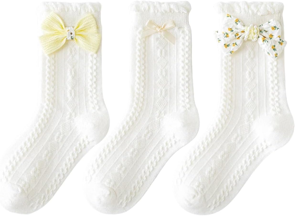 Toddler Girls Bow Socks Ruffle Casual Crew Comfortable Breathable Cute 3 Pairs Socks