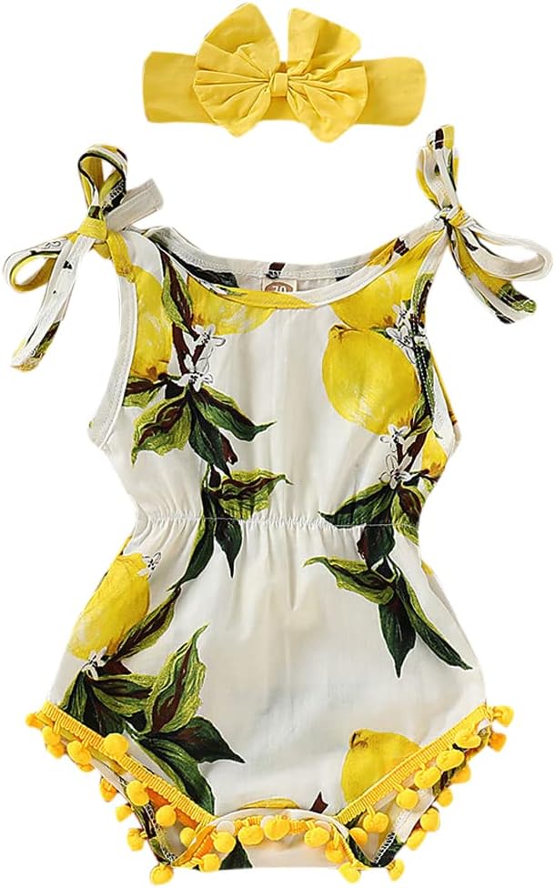 Baby Girls Cotton Lemon Print Sleeveless Onesie with Headband in Yellow Color