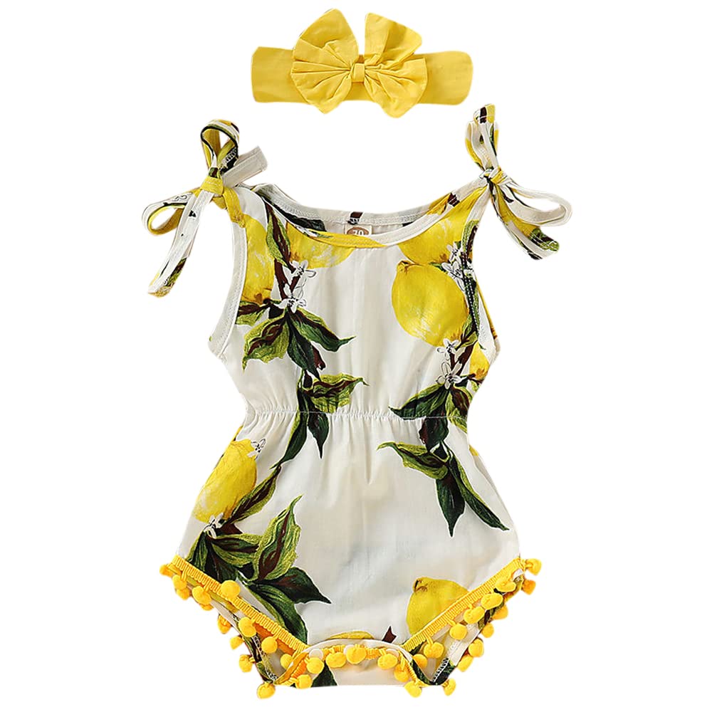 Hopscotch Baby Girls Cotton Lemon Print Sleeveless Onesie with Headband in Yellow Color