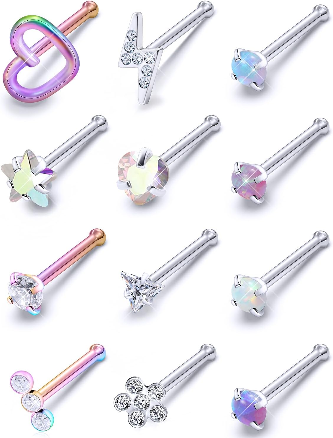 Prjndjw 20G 18G hypoallergenic Nose Rings Studs for Women Men Nose Ring Stud Piercing Jewelry Surgical Steel Opal CZ Corkscrew Straight & L shaped Nose piercing aretes para la nariz