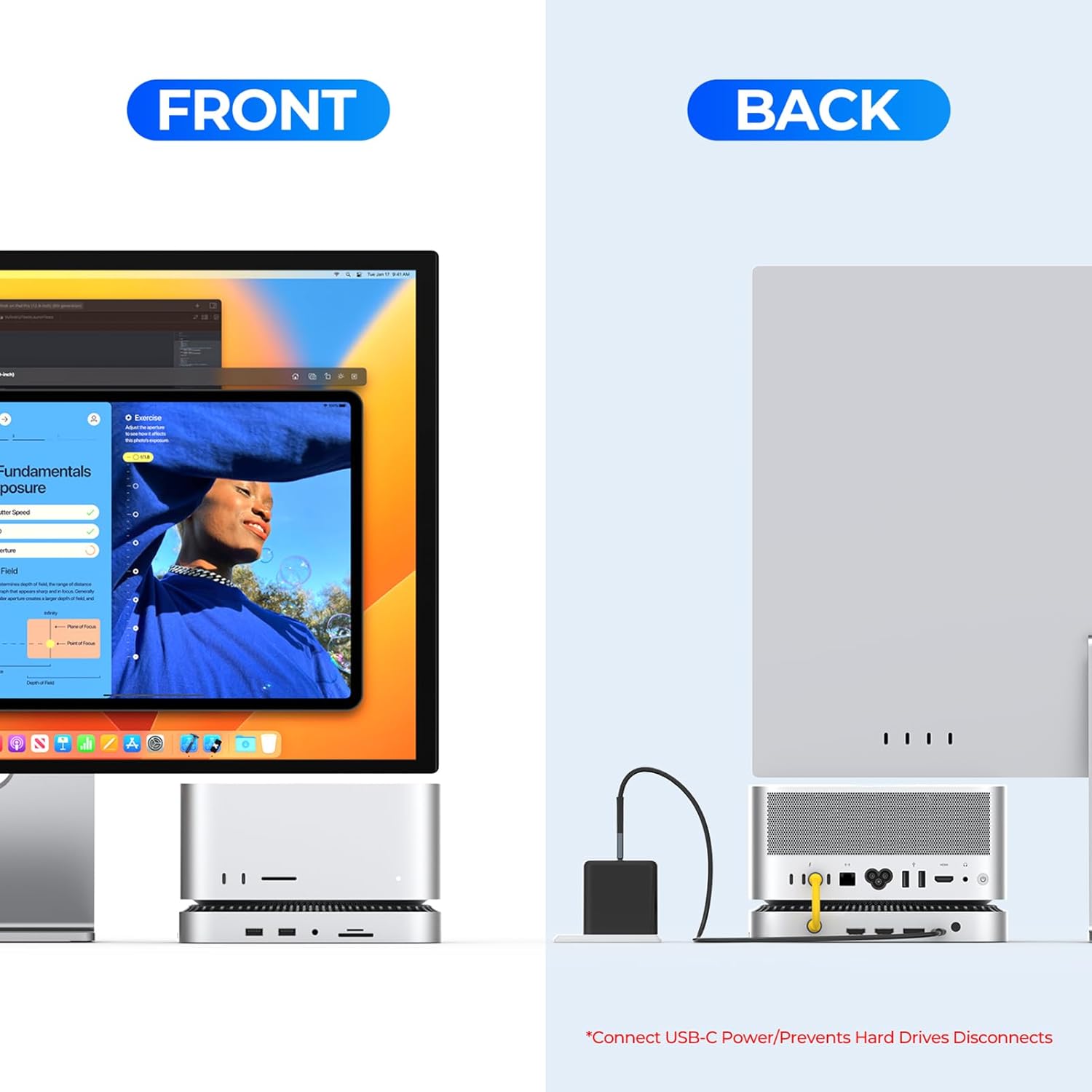 Close-up view of the dual SSD bays with RAID 0/1 support, showing compatible NVMe M.2 SSD sizes.