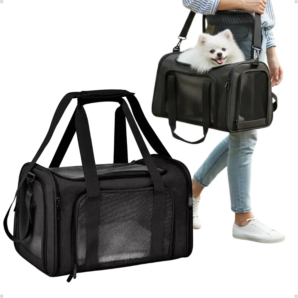 Bolsa de Transporte para Cães e Gatos, Nylon Oxford, 45x28x25 cm, Impermeável, com Alça Acolchoada e Regulável Viagens (Preto)