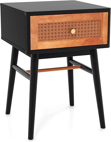 Miniatura 19 de Giantex Juego de 2 mesitas de noche de ratán, mesa auxiliar bohemia con cajón de almacenamiento decorado de ratán y patas de madera maciza, mesa de