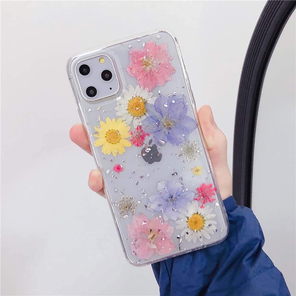 BakiceyiPhone 11 Pro Max Case Dried Flowers Mobile Phone Case Crystal Gel Protective Case Thin Handmade Everlasting Flower Bumper Case Cover Shell Protective Case for iPhone 11 Pro Max, Pink Yellow