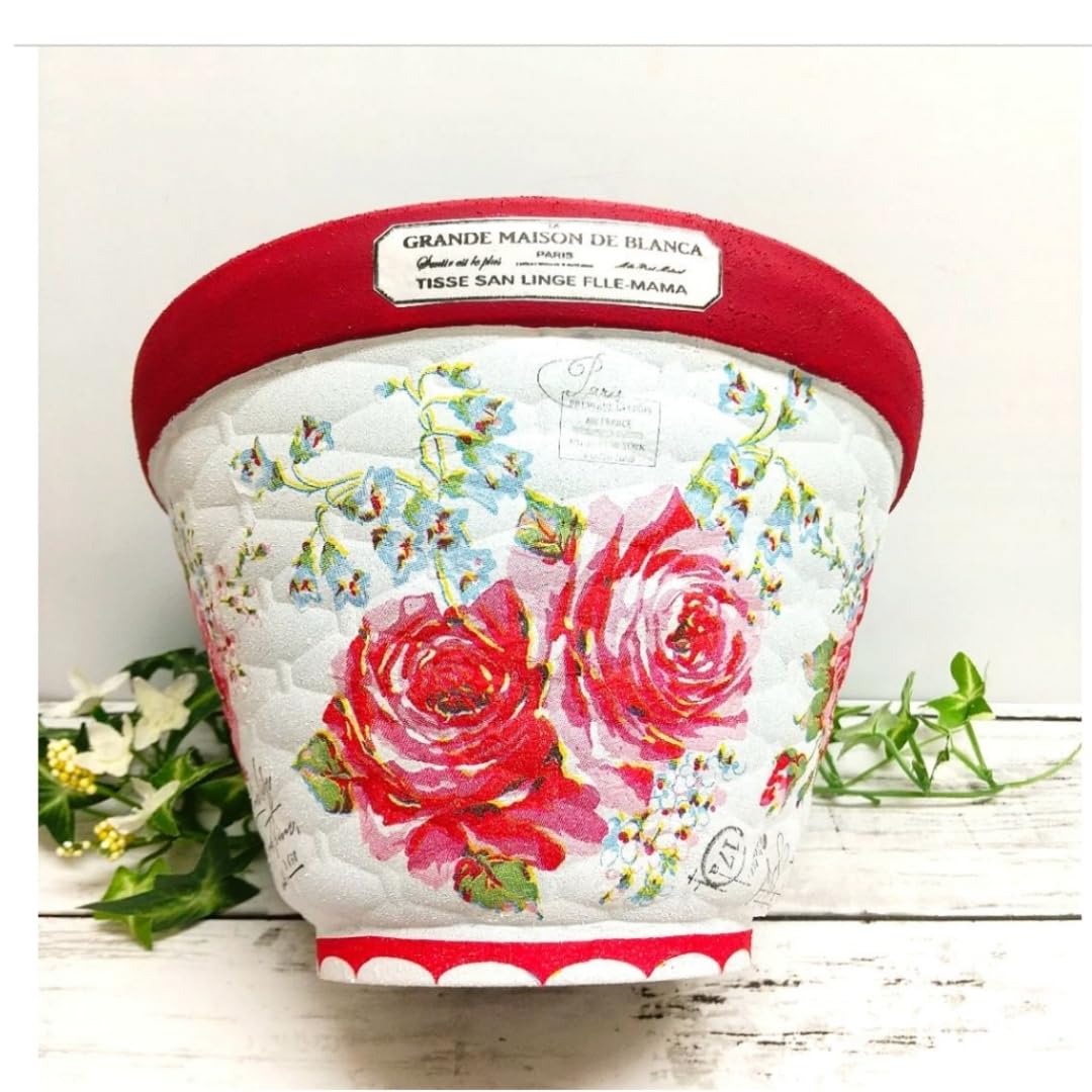 デコパージュ ꔛꕤ 壁掛けリメイク鉢 6号* ガーデン雑貨 *薔薇 赤