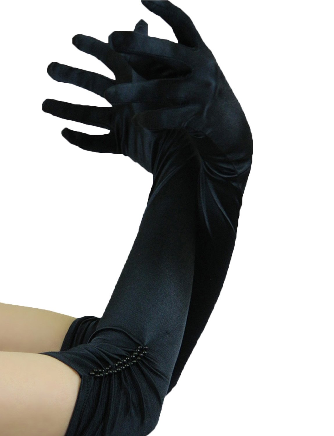 Yummy Bee Opera Evening Gloves Deluxe Soft Satin Long Black Red Ivory Gathered Pearl Detail (Black)