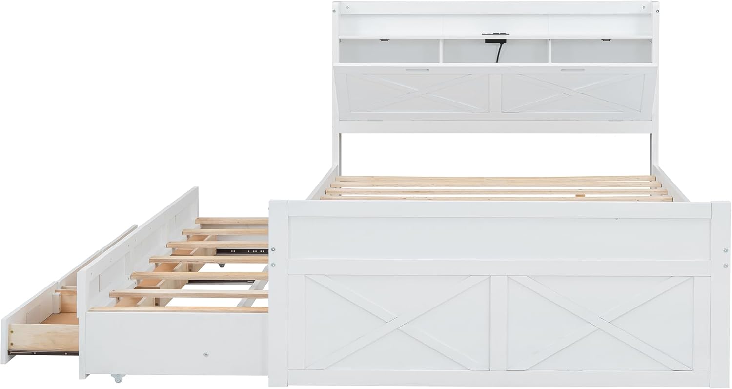 Harper & Bright Designs Full Bed with Twin Size Trundle and Drawers, Wood Extendable Bed Frame with Bookcase Headboard and Outlets (White)
