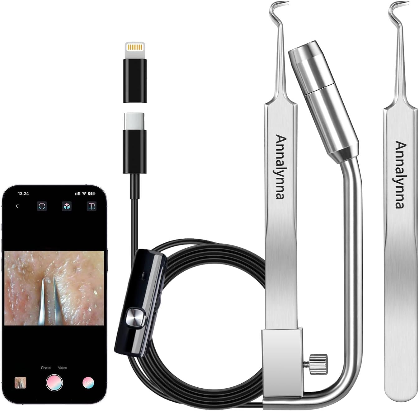 Visuele mee-eterverwijderaar met camera, roestvrijstalen pincet en HD-camera, 20x vergroting, 1080p, 8 ledlampen, mee-eterafzuiger voor mannen en vrouwen, acne- en poriënreiniger