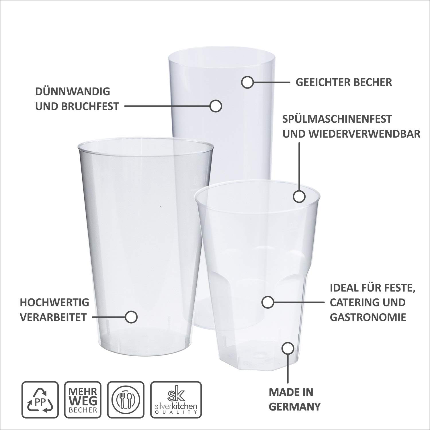 100 x plastikowe kieliszki do wódki, 4 cl, wielokrotnego użytku z linią kalibracyjną, 40 ml, wielokrotnego użytku, kubki imprezowe, Made in Germany