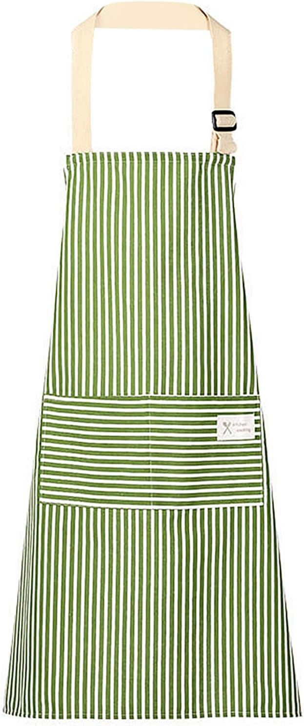 CECOMBINE Stripe Bib Apron, Adjustable Cotton Linen Kitchen Chef Bib Apron with 2 Pockets for Cooking, BBQ, Baking, Gardening, Household Cleaning, Restaurant