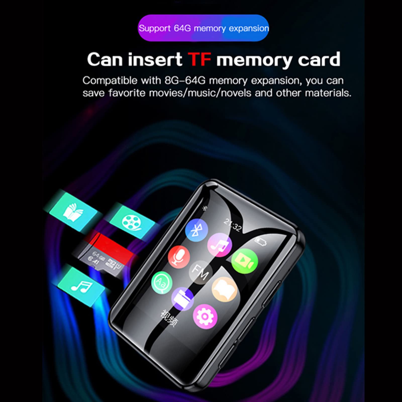 Reproductor MP3, Pantalla táctil 4.0 Bluetooth con Auriculares, Altavoz de Audio de Alta fidelidad Grabaciones,Negro,4GB