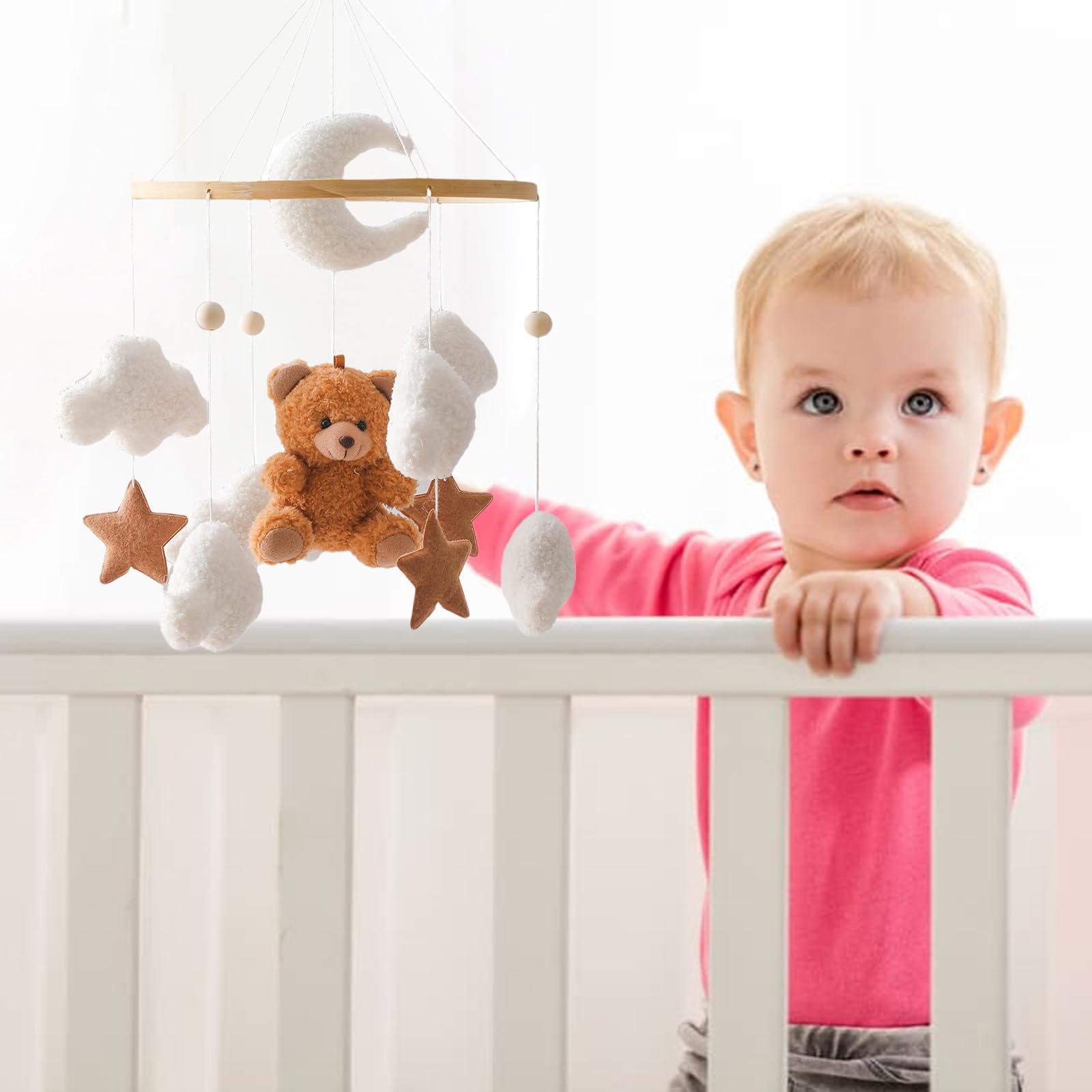 Mobile Baby Windspiele, Babybett Mobile 3D Bär Hase Kaninchen Wolken, Kinderzimmer Hängende Bettglocke, Neugeborenen Geschenk für Baby Jungen und Mädchen (Braun Bär)