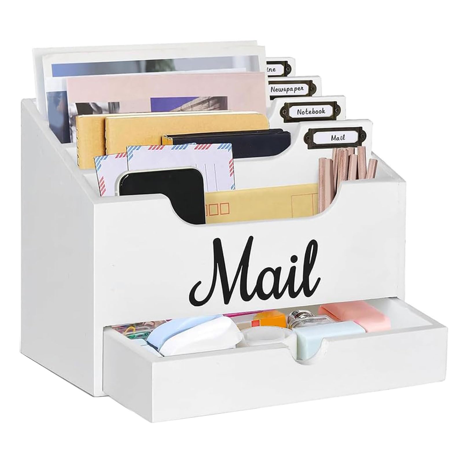 Organizer da scrivania in legno con cassetto, smistatore posta a più livelli per lettere, penne, quaderni, portaoggetti per scrivania per studio in casa Organizer da scrivania in legno smistatore