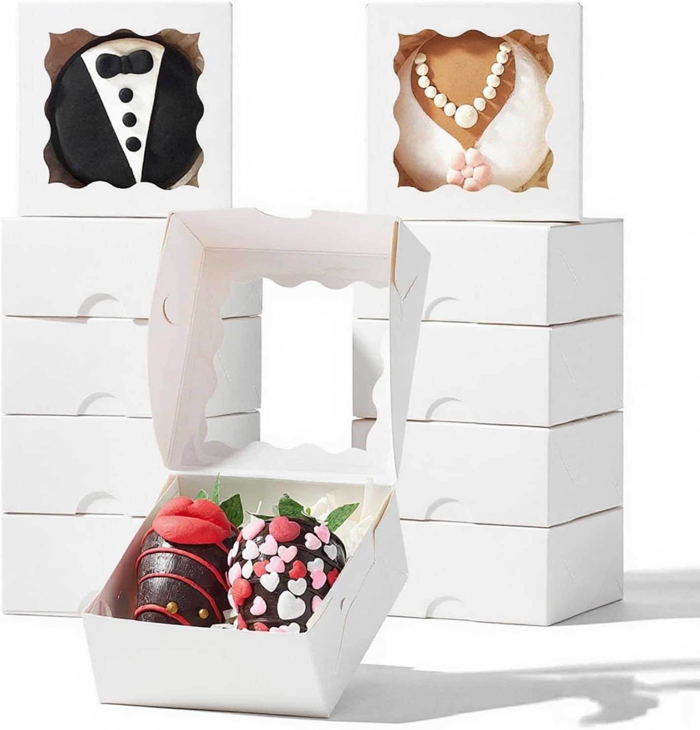 RomanticBaking 3 1/4" x 3 1/4" x 1 1/2" 50PCS Chocolate Truffle Boxes for 4，Cookies Boxes Soap Boxes Donut Boxes Macaron Boxes Mini Bakery Boxes with Window Brownie Boxes