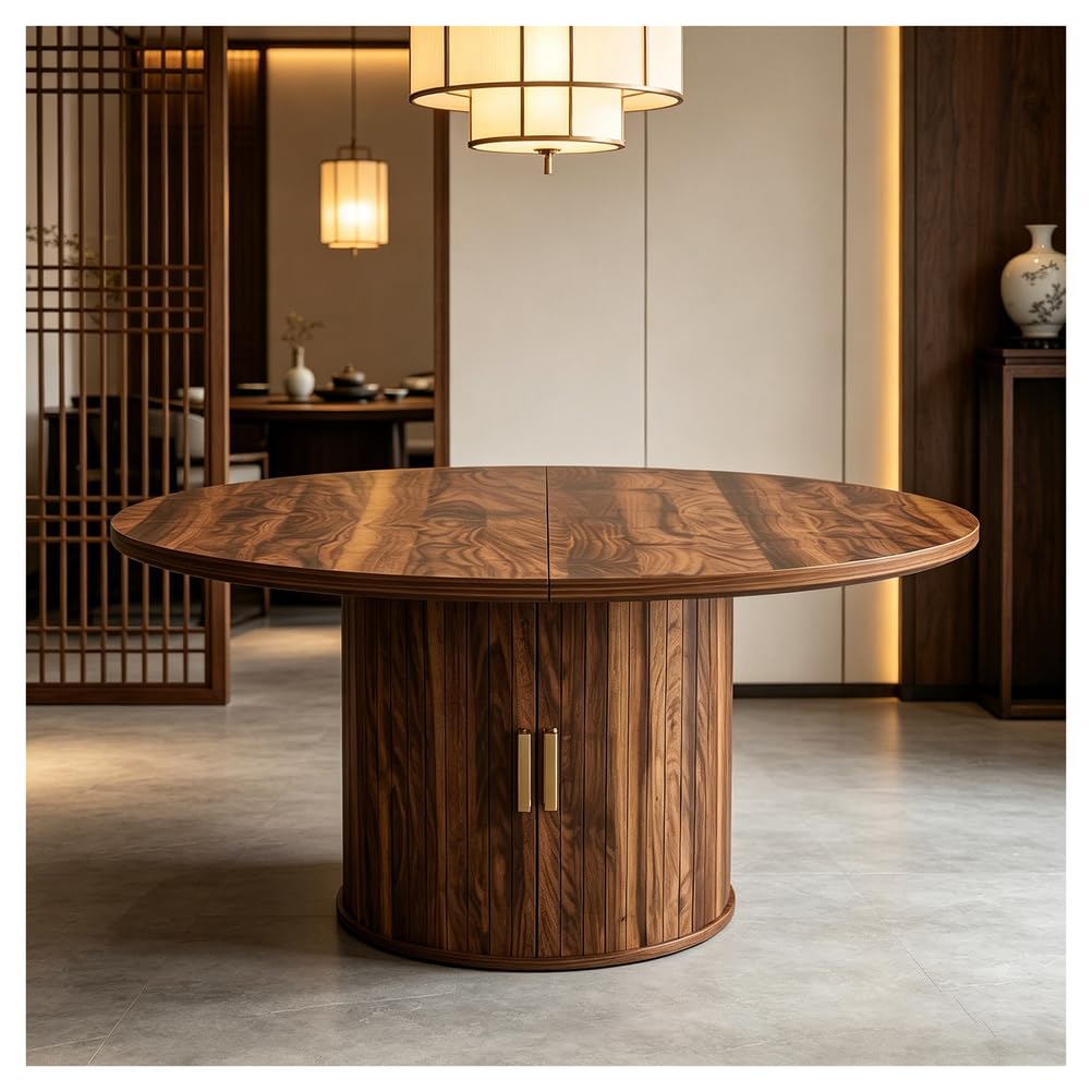 Tavolo da pranzo rotondo allungabile, con mobiletto portaoggetti, moderno tavolo da pranzo con piedistallo con maniglie dorate, per sala da pranzo, soggiorno, appartamento