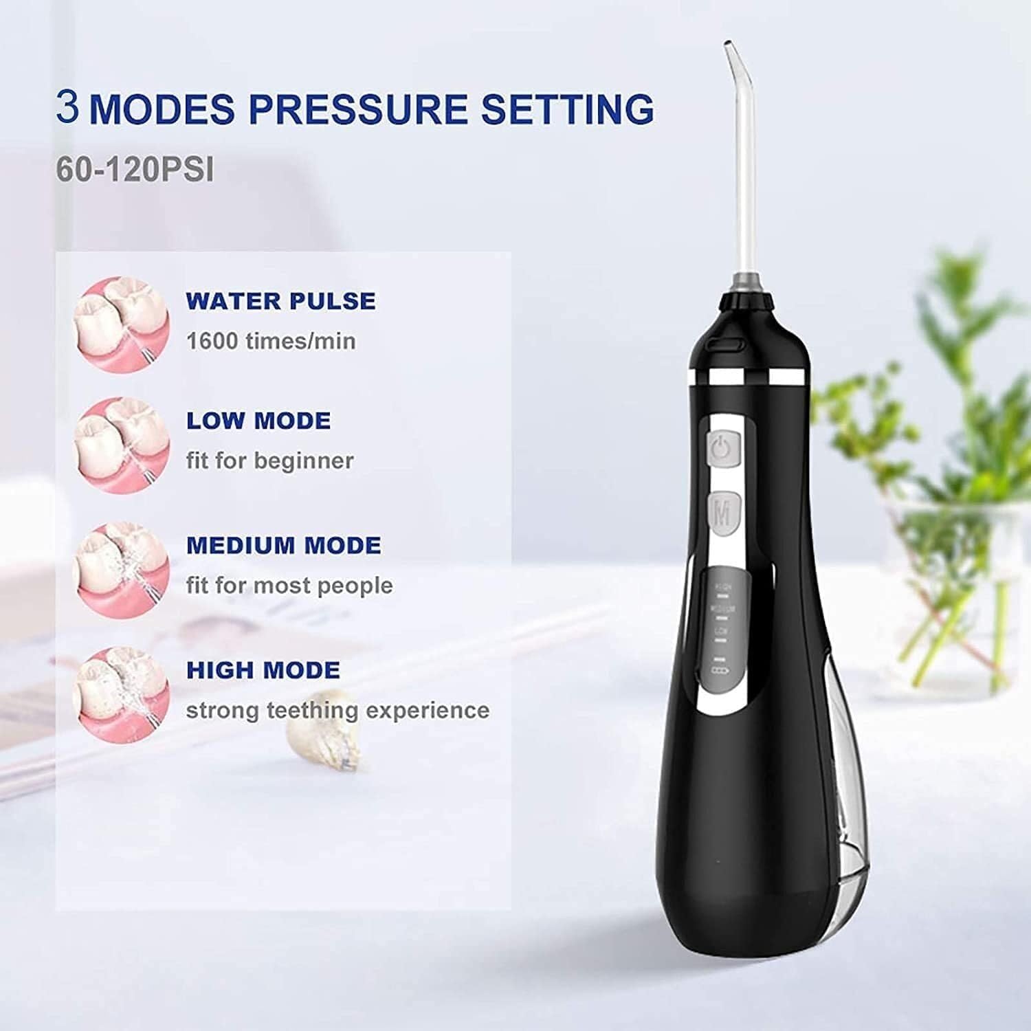Irrigador bucal portátil con 3 Modos, 4 boquillas reemplazables, Recargable, Impermeable, for Uso doméstico y de Viaje, depósito extraíble de 200 ml.