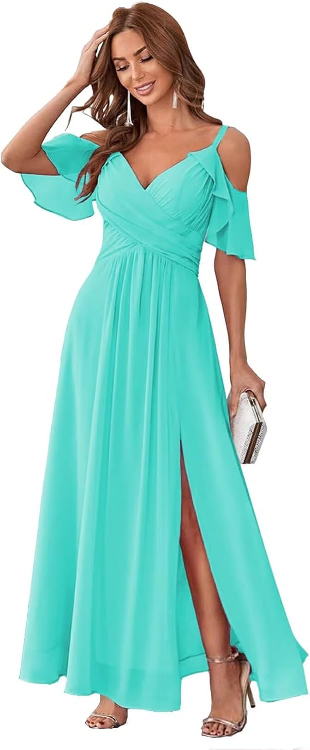 Bridesmaid Dresses Off The Shoulder A Line Formal Dress V Neck Ruffles Pleated Evening Gown with Slit