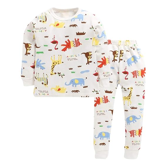 Hopscotch Boys Cotton Animal Print Full Sleeves Tshirt and Pyjama Set in White Color