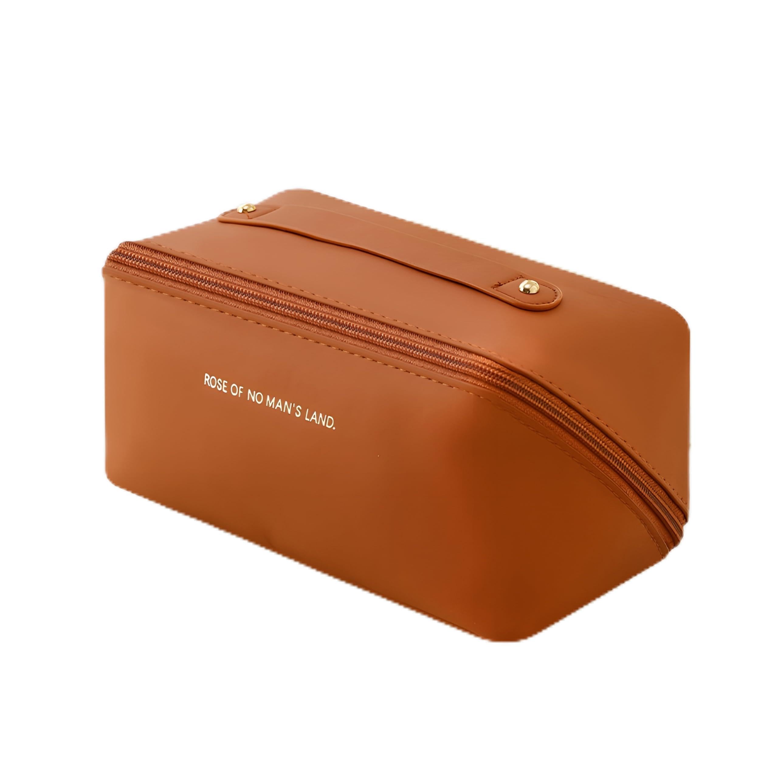 clapone leather makeup organizer bag cosmetic pouch for women/travel makeup bag/large capacity cosmetic bags for women/waterproof portable pouch open flat toiletry bag (brown)