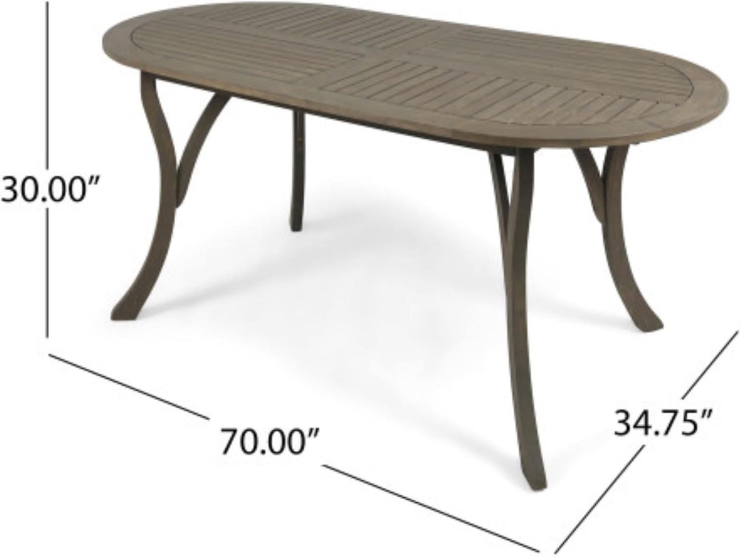 Outdoor Acacia Wood Oval Dining Table for Patio or Garden, 70 Inch Long Teak-Finish Tabletop with Slatted Design and Smooth Curved Legs, Ideal for Backyard Meals and Entertaining Guests Outside (Grey)