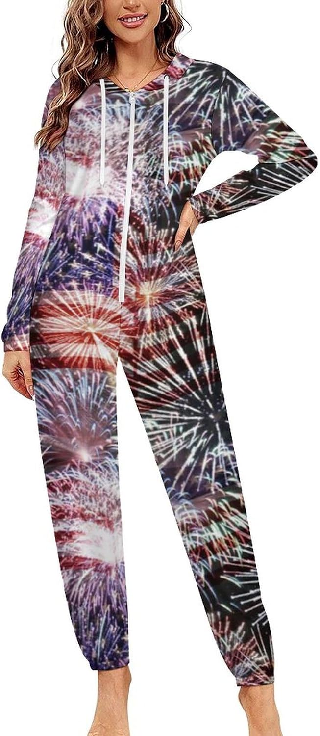 U.S. Flag Fireworks July 4th Adult Pajamas Onesie with Hood Pocket Jumpsuits One Piece Sleepwear