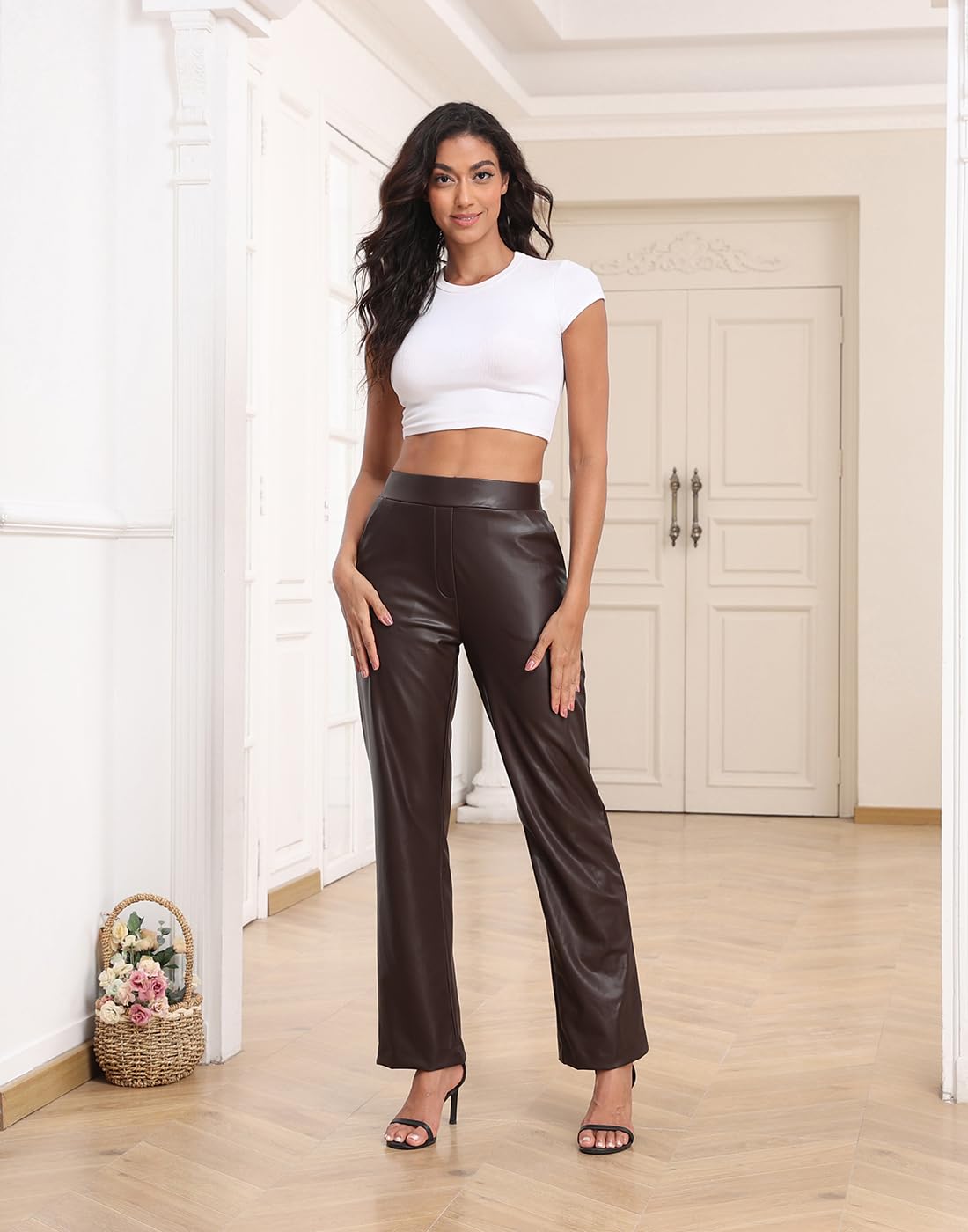 HDE Damen-Schlupfhose aus Kunstleder, hohe Taille, mit Taschen