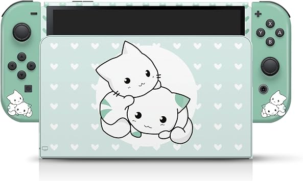 Tacky Design Cute Cats Skin Compatible Nintendo Switch OLED Cover, Green Kawaii Skin for Switch OLED, Premium Vinyl 3M Full Wrap Decal