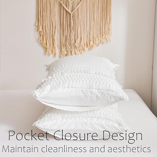 Vista 40 de Juego de 2 fundas de almohada con borlas, color gris crema, 100% microfibra lavada, funda de almohada con borlas hechas a mano beige, paquete de 2