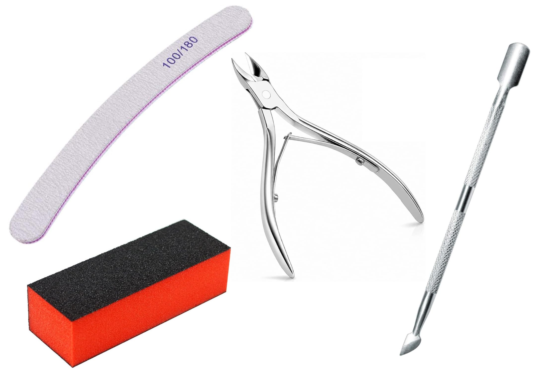 Pack of 4 Professional Nail Care Tool Kit with Nail Buffer Block Curved Nail File 100/180 Grit Stainless Steel Cuticle Pusher Precision Cuticle Nipper for Acrylic Gel Natural Nails Manicure Pedicure-image-27