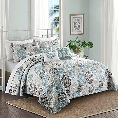 Home Soft Things 6 Piece Marina Medallion Printed Microfiber Quilts Coverlet Set Queen 90" x 90", Cameo Blue (Beige Brown Blue), Soft Lightweight Reversible Bedspread Bedding Set for All Season