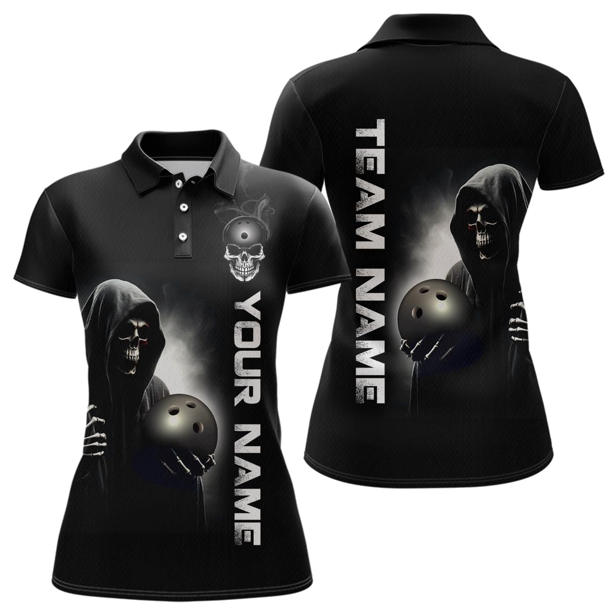 PIONAMZIOZ Custom Skull Bowling Shirts Unisex Polo & Quarter-Zip Bowling Team Jersey Black Bowling League (US, Alpha, Small, 5X-Large, Regular, Regular, Women Polo)