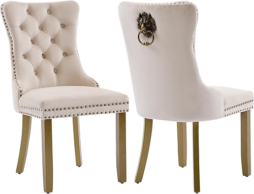 Miniatura 87 de Juego de 4 sillas de comedor de terciopelo beige, sillas tapizadas modernas para comedor con respaldo capitoné y acentos de madera, patas curvas de