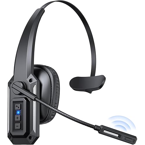 Bluetooth Headset with Microphone, Trucker Bluetooth Headset with Noise Cancelling & Mute Button, V5.3, 60Hrs Working Time, Wireless Headphones with Mic for Work/Cellphone/Laptop/Office - Black