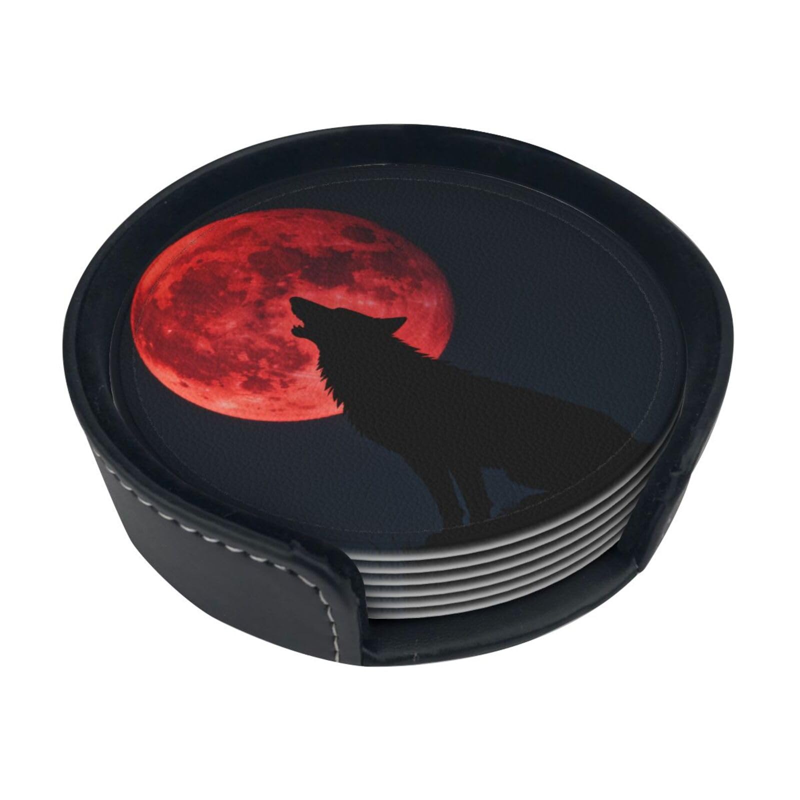 Cntdbu White Blood Moon Wolf Leather Coasters Set Of 6-Pu Leather Drink Mats For Table, Heat Resistant Round Coasters With Holder