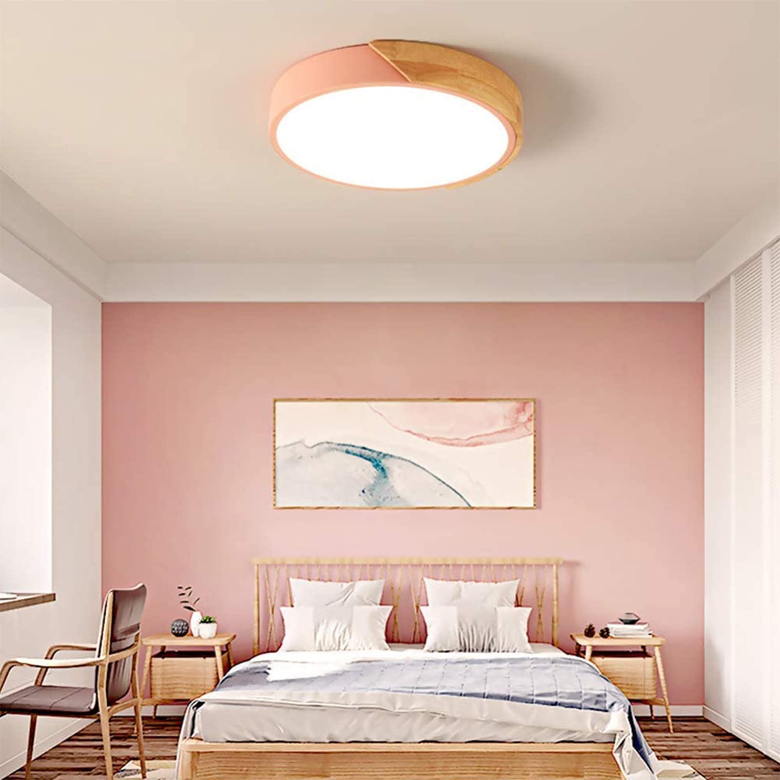 Okrągła lampa sufitowa LED w kształcie makaronika, nowoczesna lampa drewniana, do pokoju dziecięcego, salonu, przedpokoju, różowo-zimna biel, 60 cm, 48 W