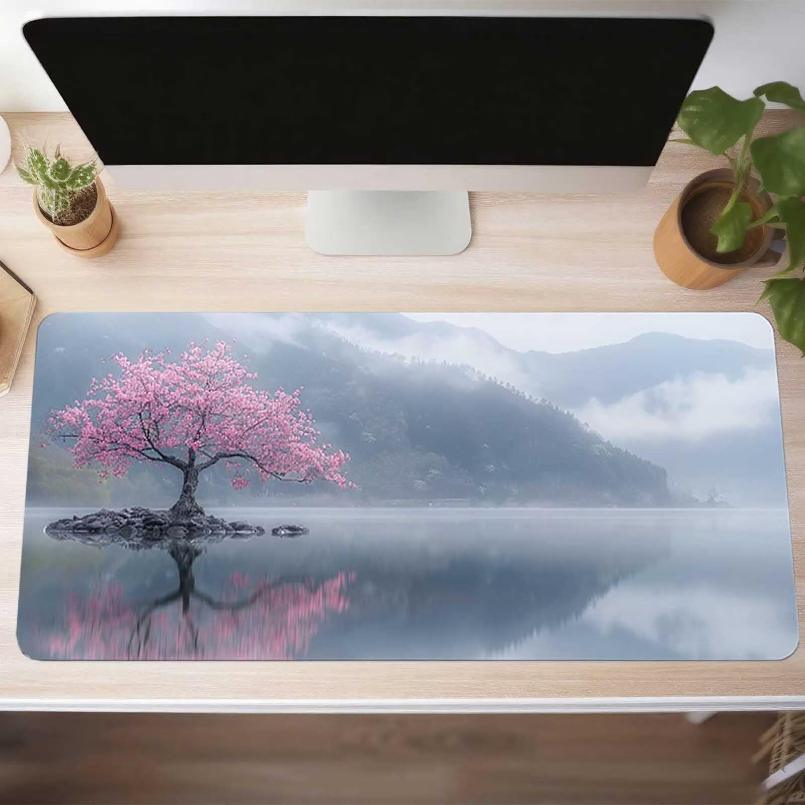 Podkładka pod mysz, gamingowa podkładka pod mysz, drzewo, 160 x 80 cm, duża mata pod mysz, różowa podkładka na biurko, antypoślizgowa gumowa podstawa, akcesoria na biurko, wodoodporna, zszywane