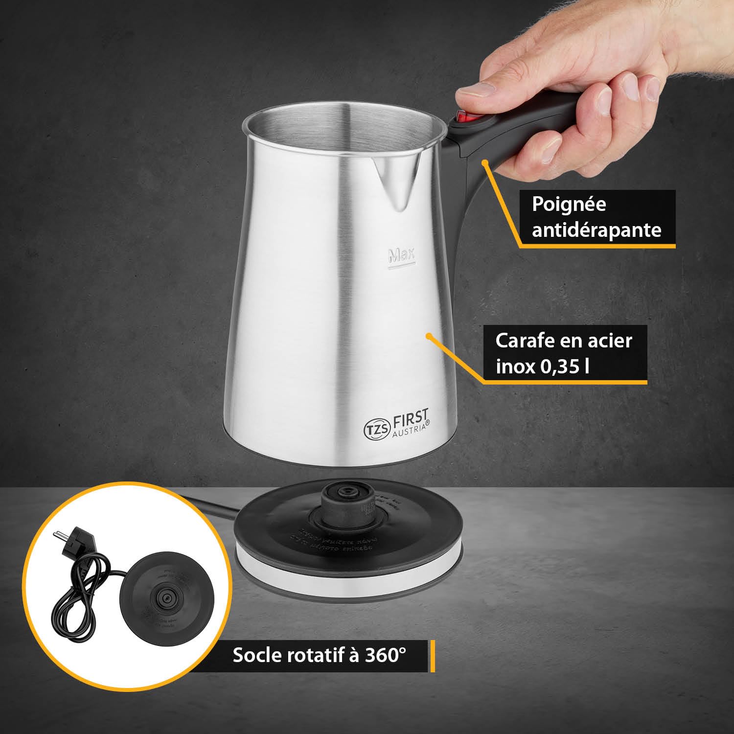 TZS First Austria Cafetière électrique 0,35 litre 800W | Bouilloire à moka, expresso & eau chaude | en acier inoxydable, avec poignée antidérapante | convient pour la maison, le bureau, les voyages