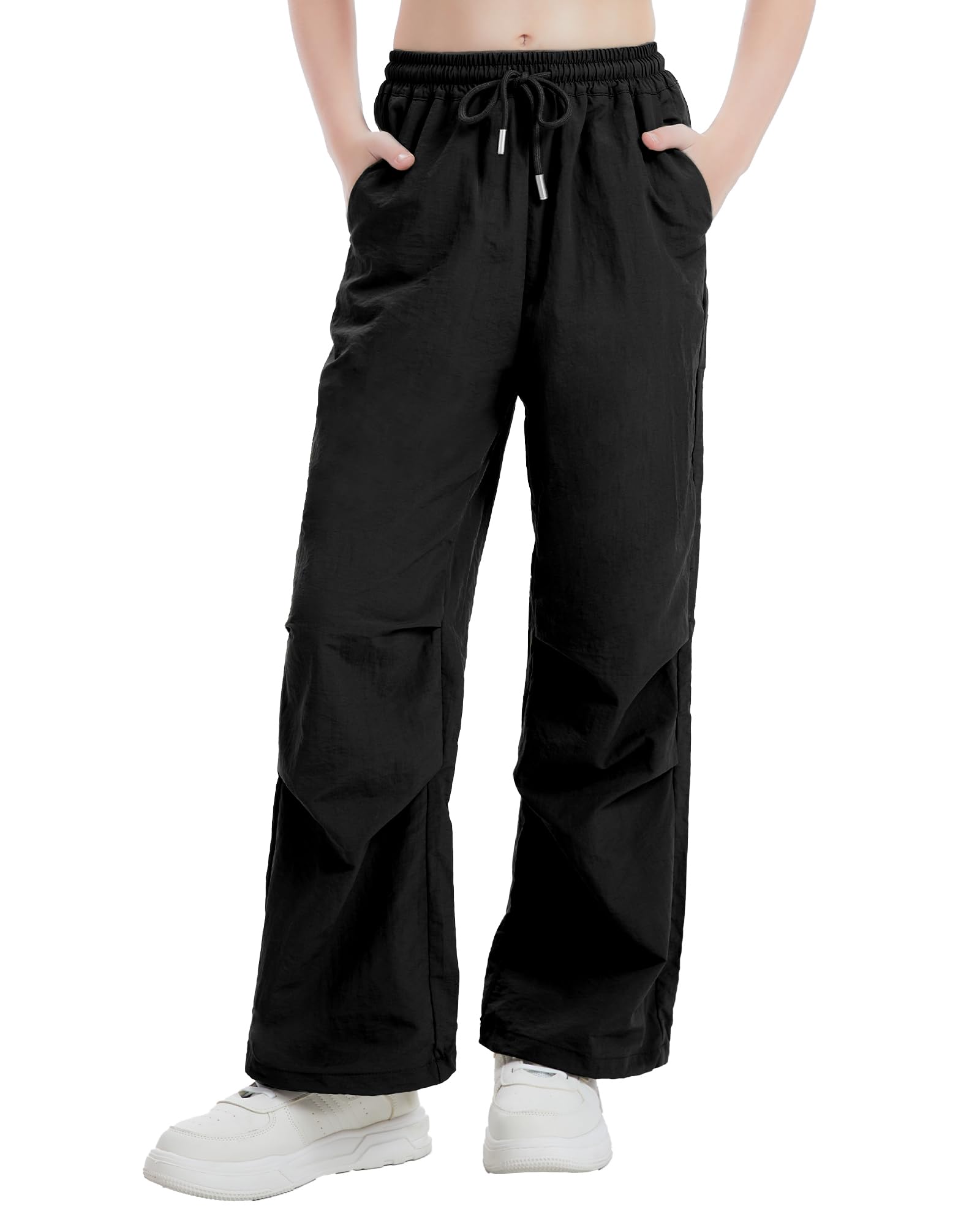 Girls Parachute Cargo Pants Drawstring Waterproof Causal Hiking Pants for Girls Pockets Lightweight Running Joggers