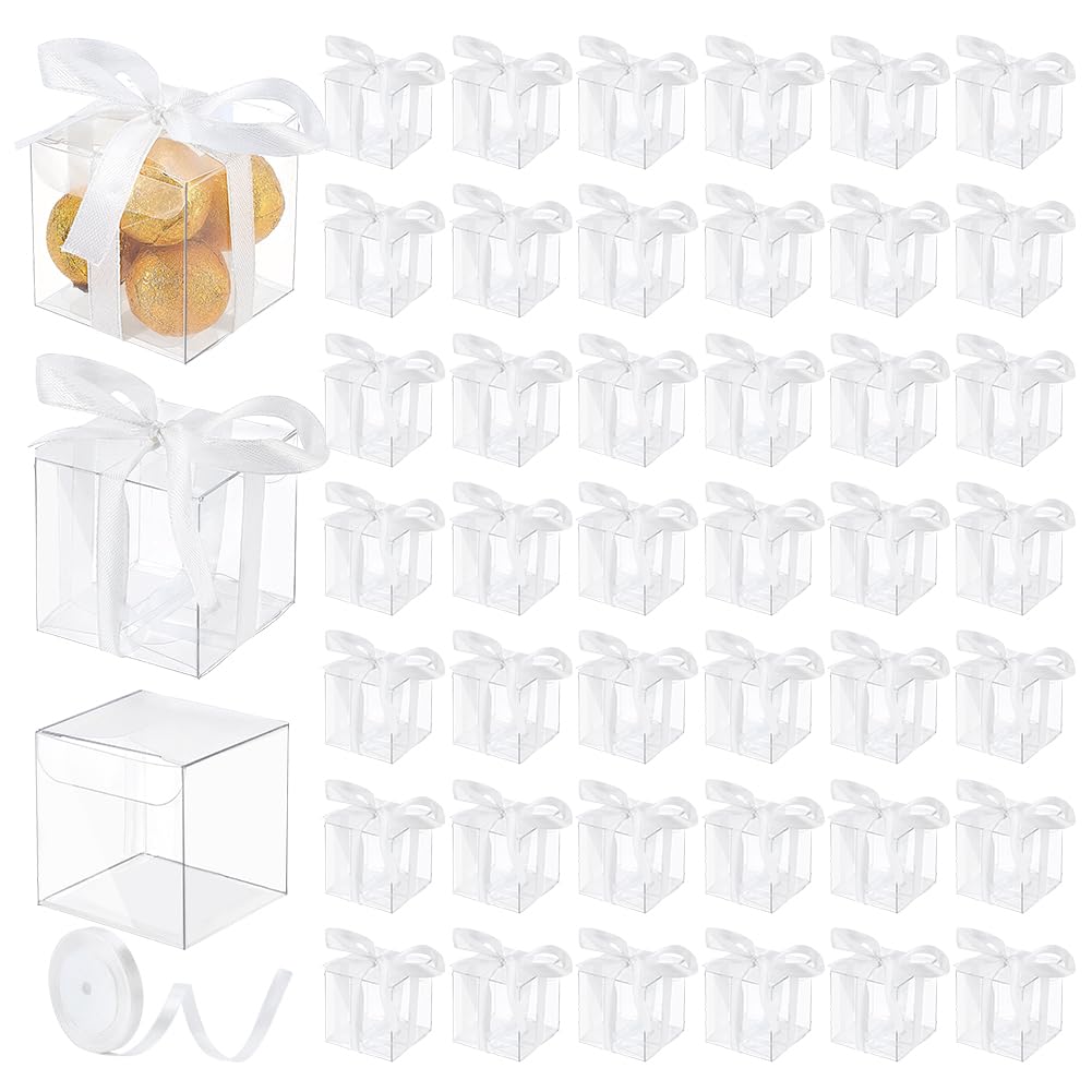 PH PandaHall 100pcs Clear Mini Favor Boxes 2x2x2 inch Clear Gift Boxes Cube Treat Box with White Ribbon Macaron Candy Box for Chocolate Candies Cookies Muffins Treats Wedding Favors Shower Party