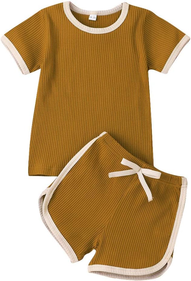 Unisex Toddler Baby Boy Girl Summer Clothes Short Sleeve T-Shirt Tops+Short Pants Ribbed Two Piece Solid Outfit Set