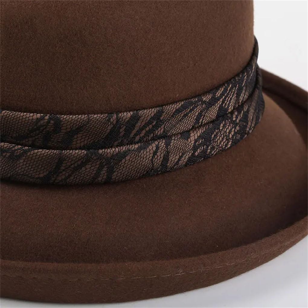 SaoBiiu Vintage Nero Lana Cloche Cappelli Wide Brim Fedora Cappello per le Donne Fiore Marrone Feltro Inverno Bowler Cap Donna Cappello di Feltro