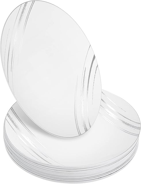STACKABLES ~ Pack of 20 Hard Plastic Plates ~ 9inch Dinner Plates ~ Lightweight Reusable Serving Plates ~ Party Dinnerware White Plate Set with Silver Design for Weddings & Parties