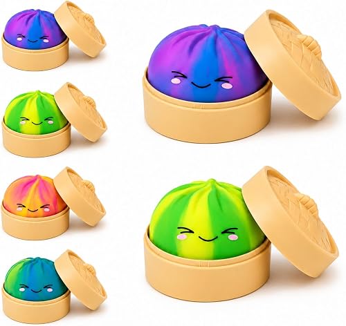 2PCS Tie Dye Dumpling Squishies Stress Balls,Colorful Squeeze Dough Ball Fidget Sensory Toys,Stretchy Hand Desk Toy with Food Steamer for Stress Relief Gift