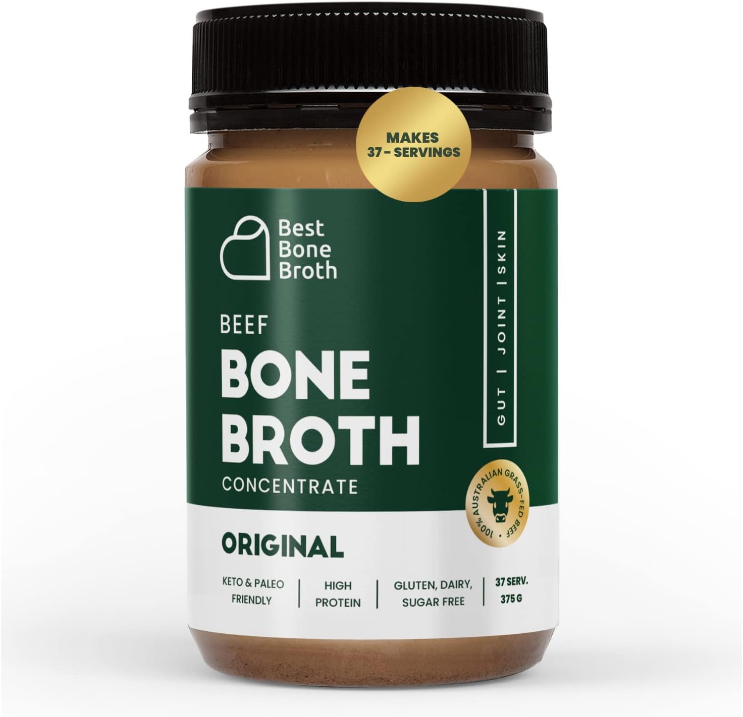 Best Bone Broth Premium Beef Bone Broth Concentrate - 100% Sourced from Grass Fed, Pasture-Raised Cattle - Bone Broth Protein and Collagen - Bone Broth Soup - 375g (37 Servings)