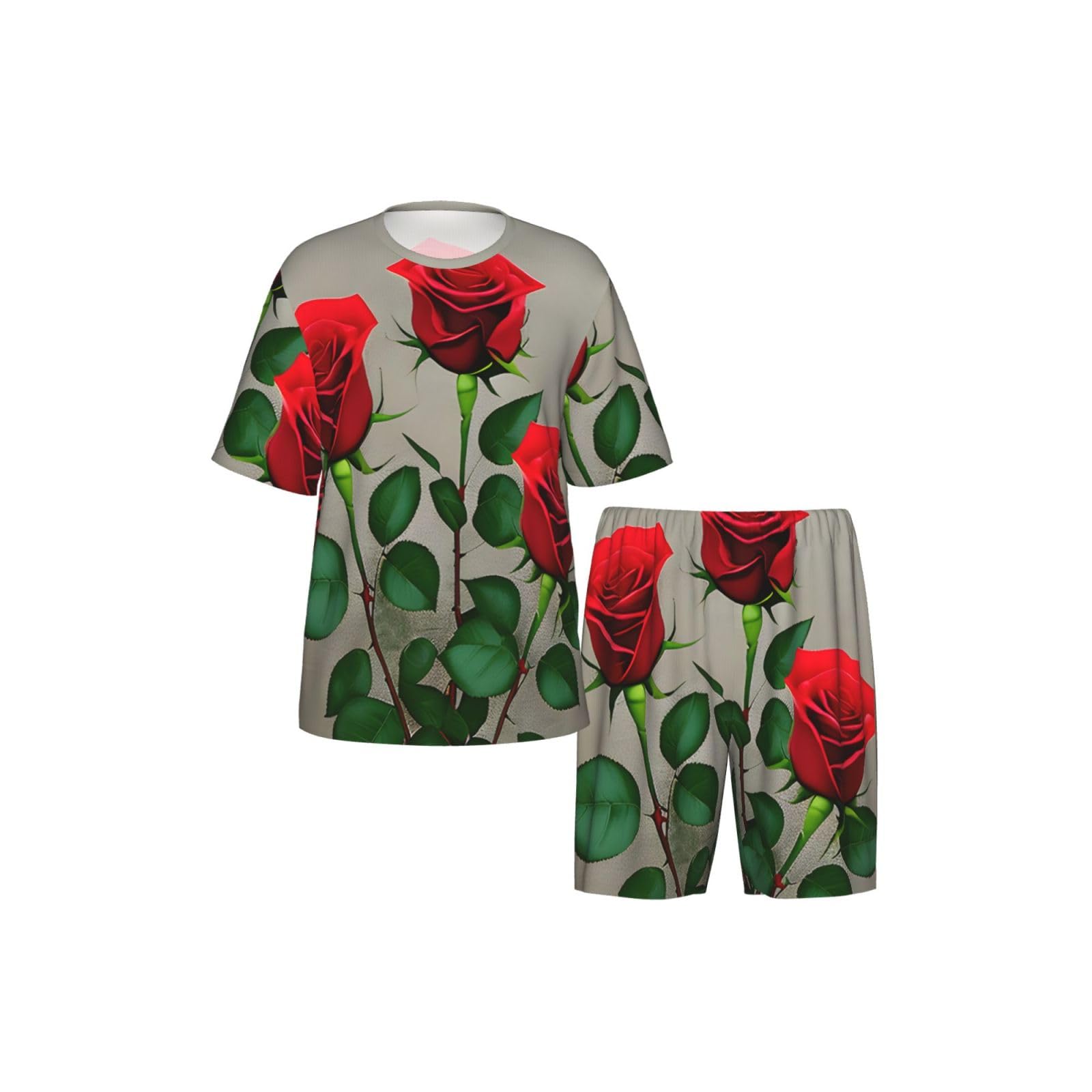 Conjunto de pijama clásico para hombre con estampado de rosas rojas, pantalones cortos de pijama suaves para hombre, perfecto para las noches de verano