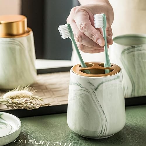 Miniatura 3 de MEIGLQEA Dispensador de jabón de baño y soporte para cepillos de dientes, juego de encimera de baño de cerámica de lujo verde con dispensador de