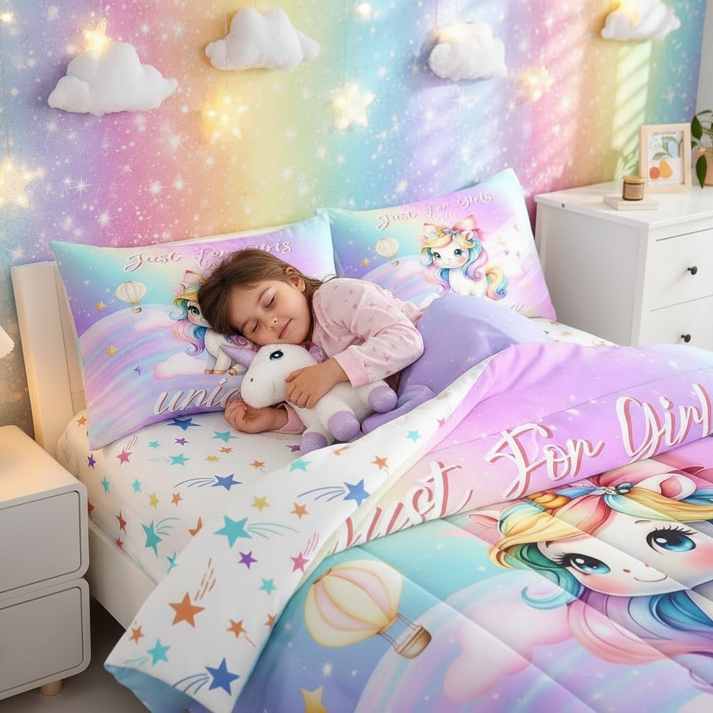 Erosebridal Girls Unicorn Queen Comforter Set with Sheets,Rainbow Kids Purple Unicorn Bedding Set 7 Piece,Cute Pink Bow Knot Bed Set Girly Bowknot Comforter with Fitted+Flat Sheet,Pillowcases