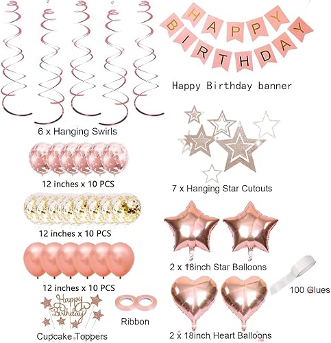Miniatura 2 de Decoraciones de fiesta de cumpleaños de oro rosa para mujeres y niñas, pancarta de feliz cumpleaños, cortina de flecos de oro rosa, globos de