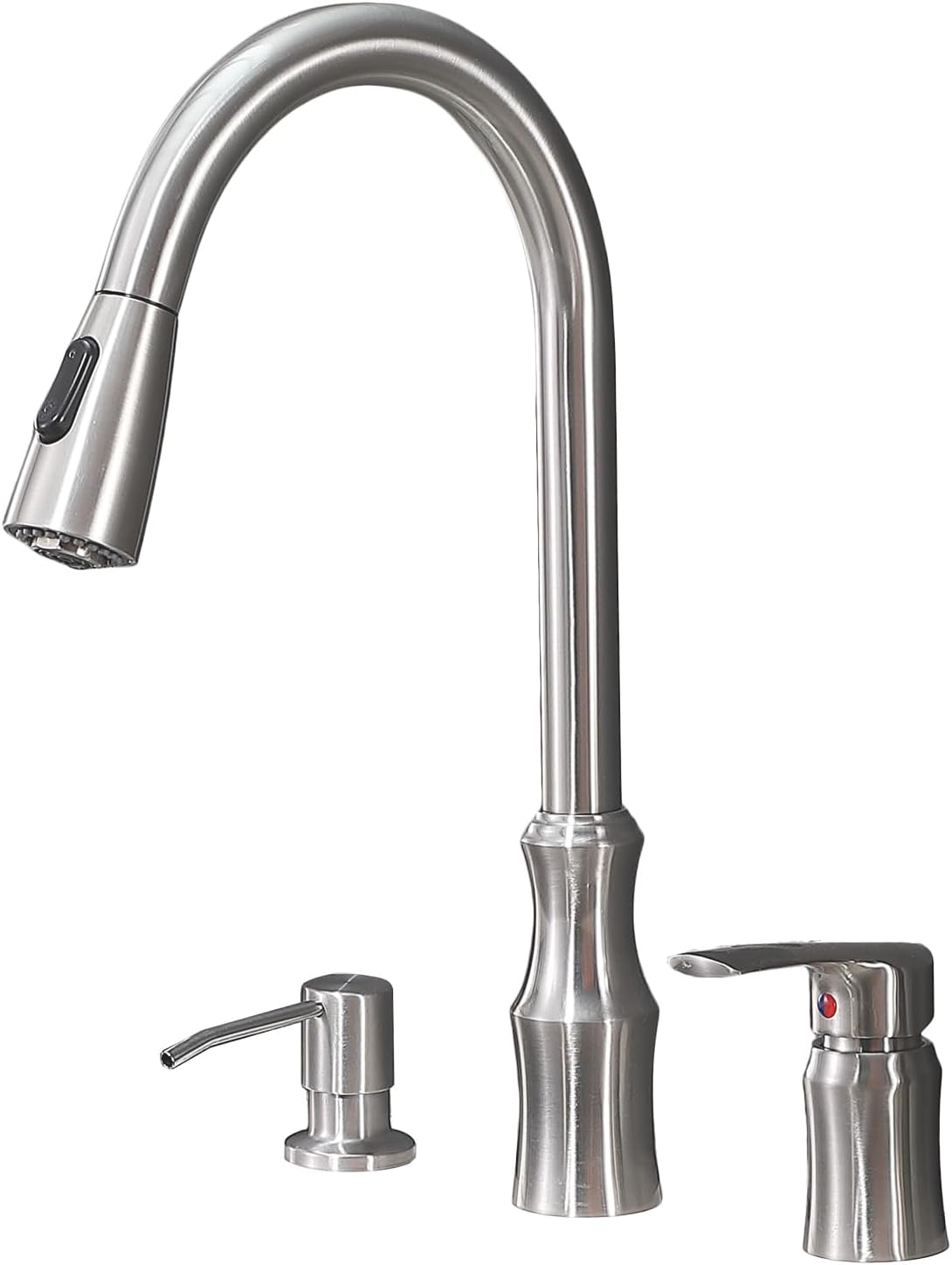 Hotis 3 Hole Kitchen Faucet, 2 Hole Kitchen Faucet with Pull Down Sprayer, Brushed Nickel Kitchen Faucets for Sink, Single Handle Pull Out Stainless Steel Kitchen Sink Faucet Set with Soap Dispenser